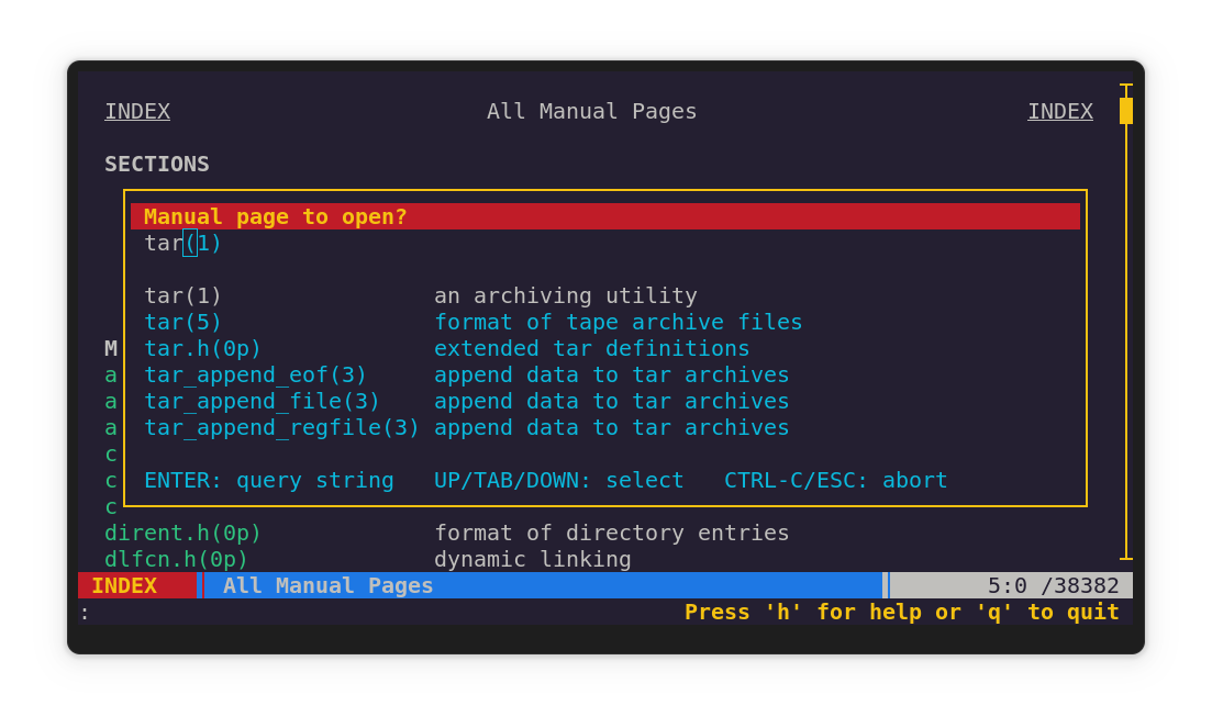 Interfaz de terminal de comando QMAN. Use las claves mencionadas en la interfaz para activar varias funciones. Me gusta abrir una página de hombre.