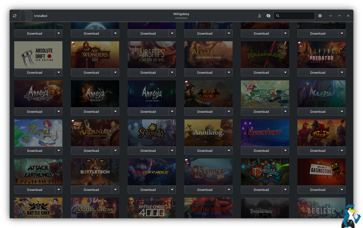 Minigalaxy Client en Linux muestra una lista de juegos