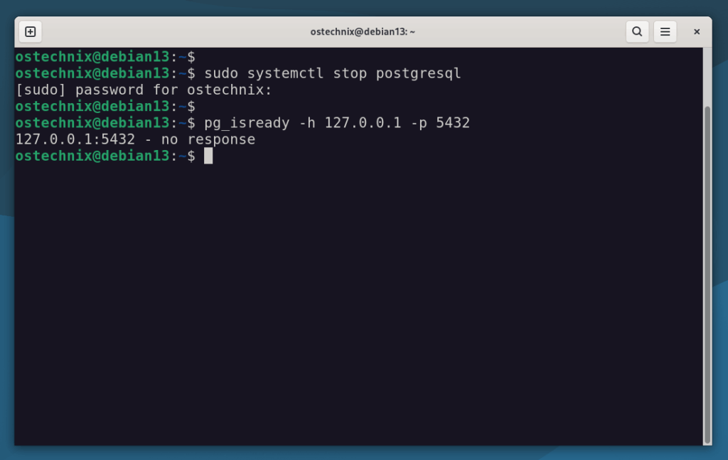 Detener PostgreSQL y verifique si PG_ISREWY es válido Detener PostgreSQL y verifique si PG_ISREWY es válido