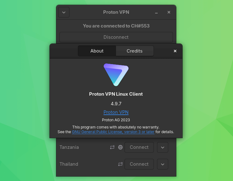 Proton VPN Linux Client 4.9.7 se conecta a un servidor llamado CH#553 ubicado en algún lugar de Suiza