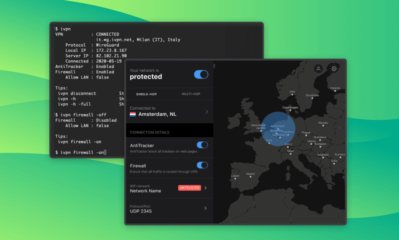 Dos capturas de pantalla que muestran el terminal de ejecución IVPN (que se muestra en la parte posterior) y la interfaz gráfica de usuario (como se muestra)