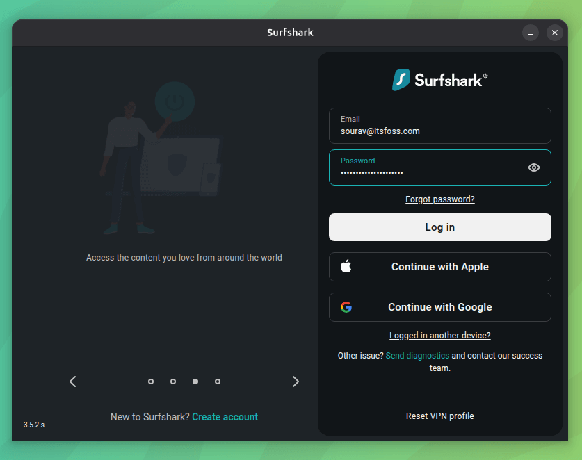 La pantalla de inicio de sesión del cliente Linux de Surfshark, hay un carrusel a la izquierda, que muestra las funciones de Surfshark