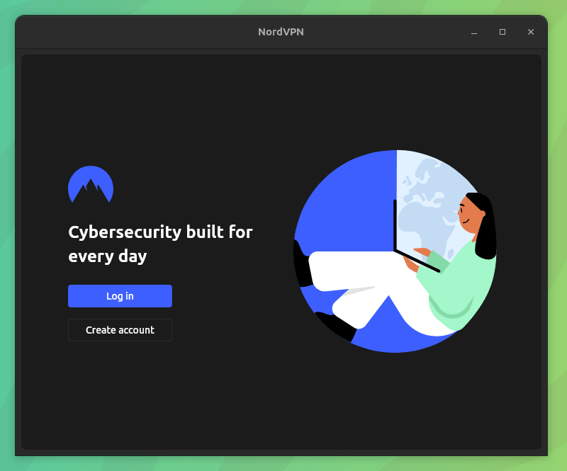 Pantalla de inicio de sesión del cliente NordVPN Linux, ilustración de una mujer con computadora portátil a la derecha, el logotipo de NordVPN a la izquierda tiene dos botones para iniciar sesión y crear una cuenta
