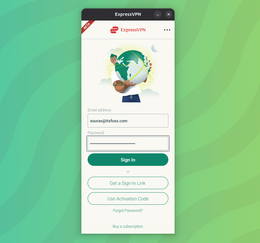 La ilustración muestra una aplicación GUI ExpressVPN muy estrecha en beta con algunos detalles de inicio de sesión virtuales en la página y muchos botones para interactuar con la aplicación