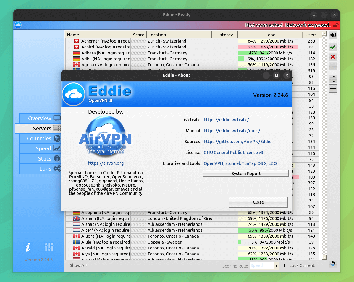Esta imagen muestra la interfaz de usuario de Eddie OpenVPN para Airvpn, versión 2.24.6 en segundo plano, en segundo plano, hay muchos servidores VPN con su nombre, ubicación, latencia, carga y detalles del usuario visibles