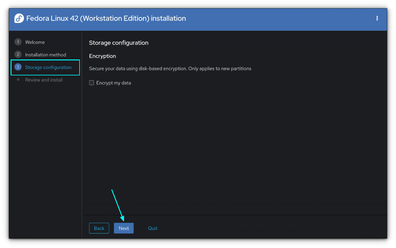 Captura de pantalla que muestra la sección de configuración de almacenamiento del instalador.