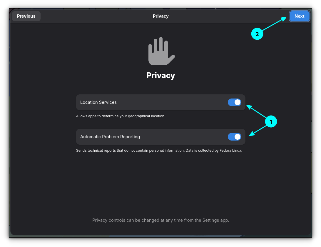 Página de configuración de privacidad en la configuración de instalación postal de Fedora. Seleccione si desea activar o desactivar los servicios de ubicación y los informes automáticos de problemas.