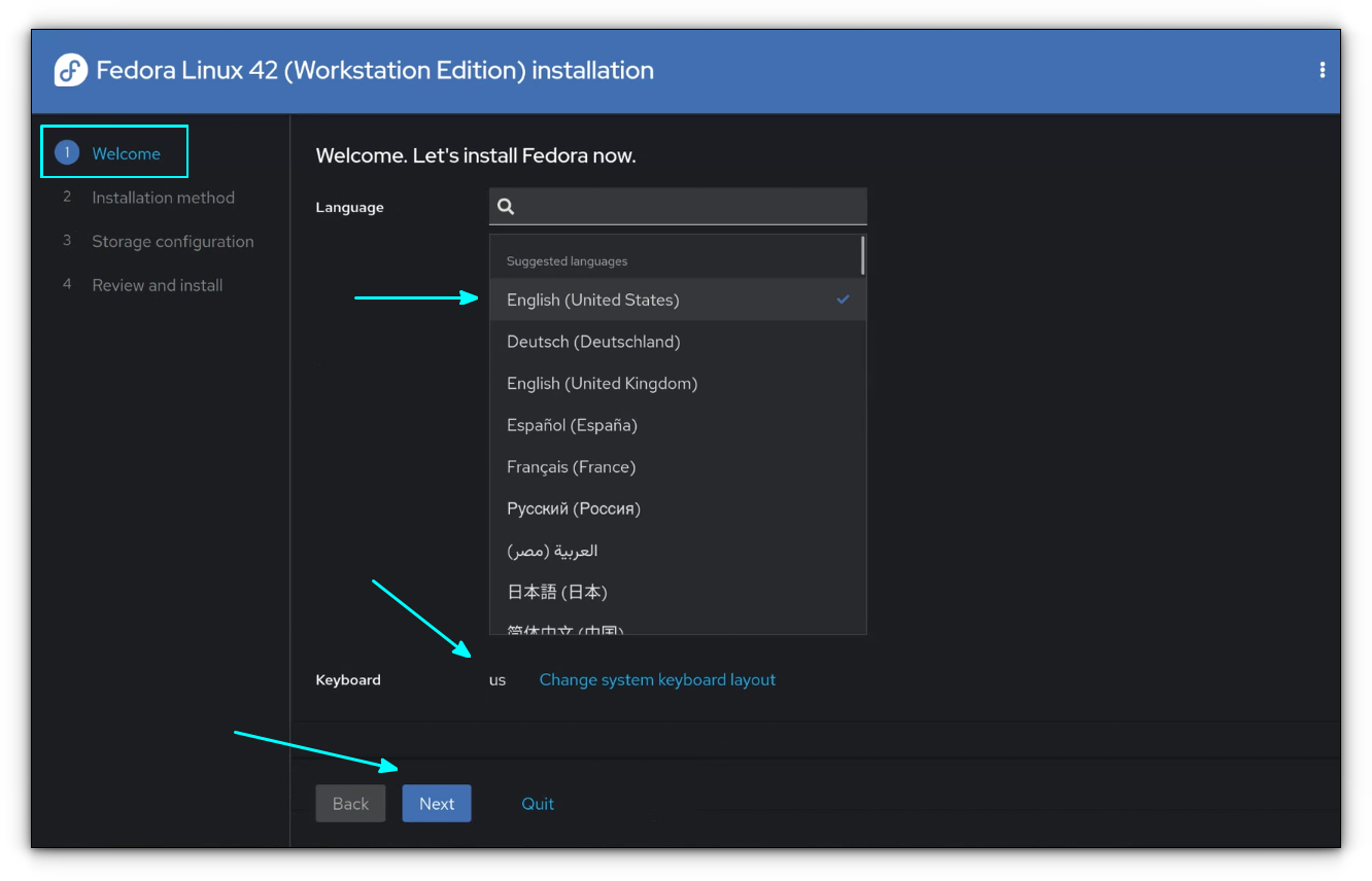 Seleccione el idioma y el teclado del instalador. Configure en el valor que desea y haga clic en Siguiente.