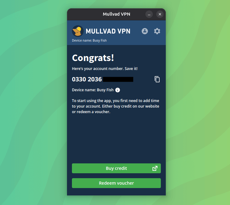 Captura de pantalla de Mullvad VPN, que muestra una notificación de felicitación para una nueva cuenta, y hay muchas opciones en la interfaz