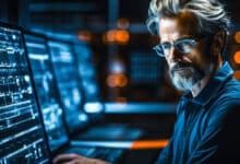 Linux system administrator reviewing security vulnerabilities and patch management on enterprise servers.