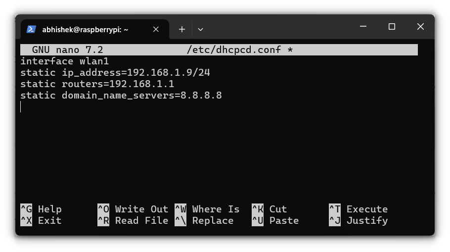 Configuración de una IP estática para PI editando el archivo dhcpcd.conf