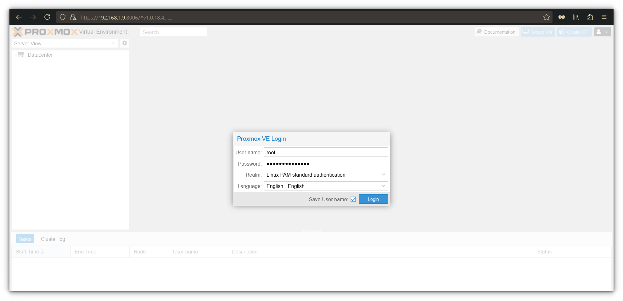 Página de inicio de sesión de Proxmox