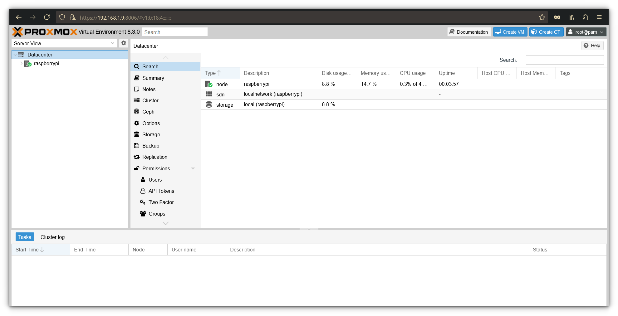 Página de inicio de Proxmox Webui