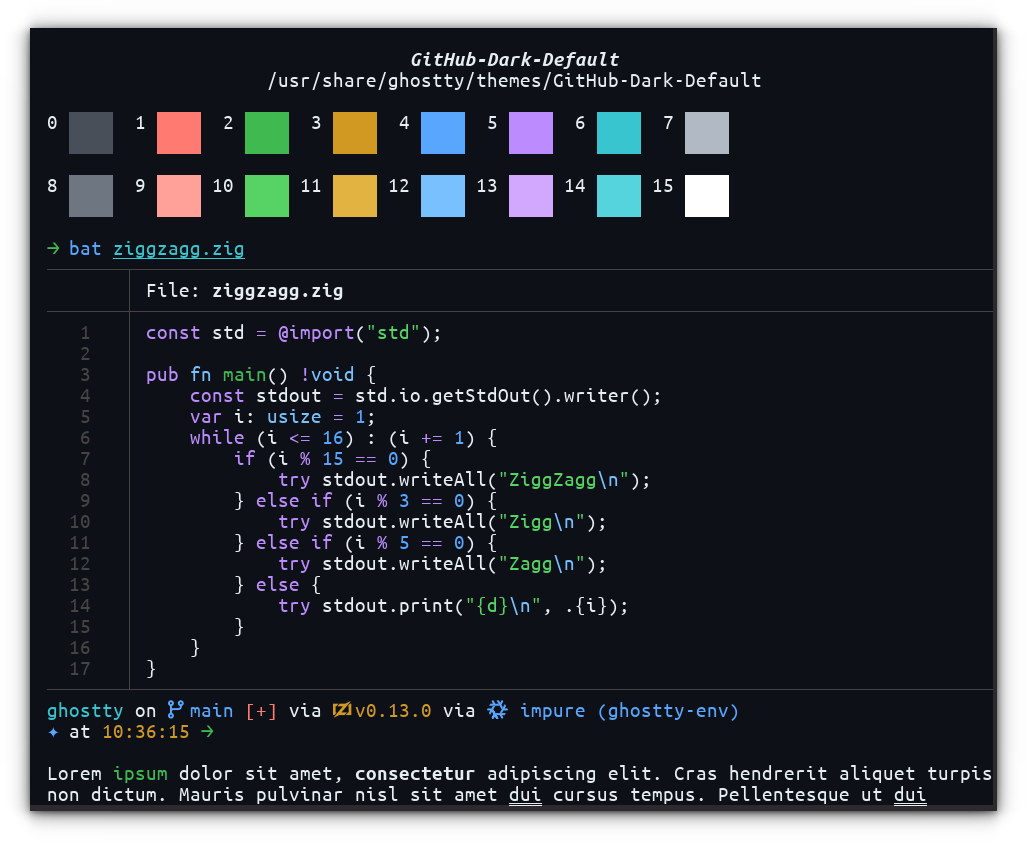 Captura de pantalla de Ghostty con valores predeterminados oscuros de GitHub. El tema es DSIPLAY en la sección Vista previa del tema de Ghostty.