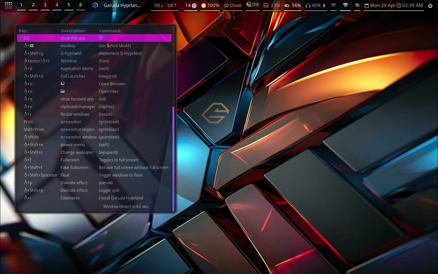 Hyprland Desktop se muestra en Garuda Linux, los atajos de teclado se muestran a la izquierda