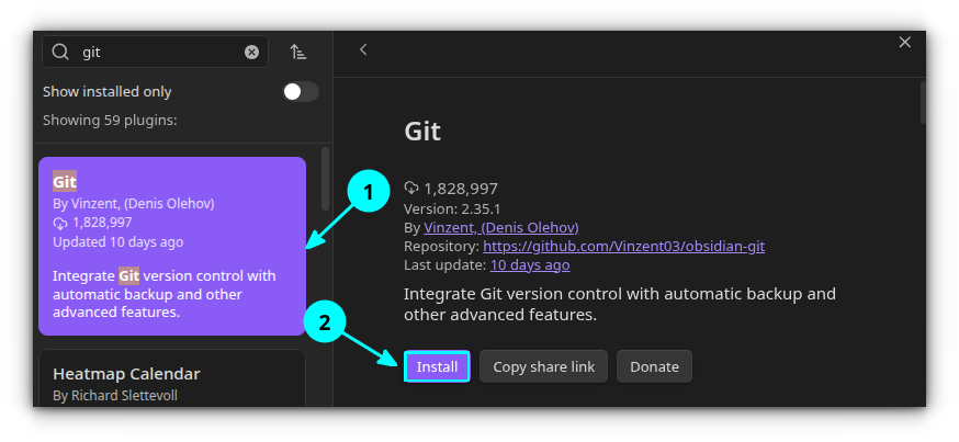 Busque e instale el complemento Git en Obsidian.