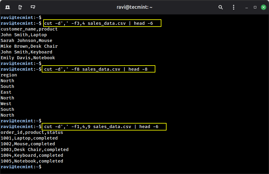 cortar: extraer columnas de un archivo