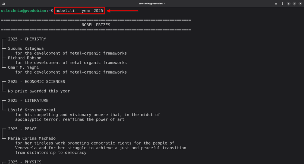 Vea los ganadores del Premio Nobel directamente desde su terminal Linux usando NobelCLI Vea los ganadores del Premio Nobel directamente desde su terminal Linux usando NobelCLI