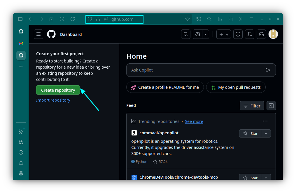 Cree un nuevo repositorio utilizando los botones en la interfaz web GitHub.
