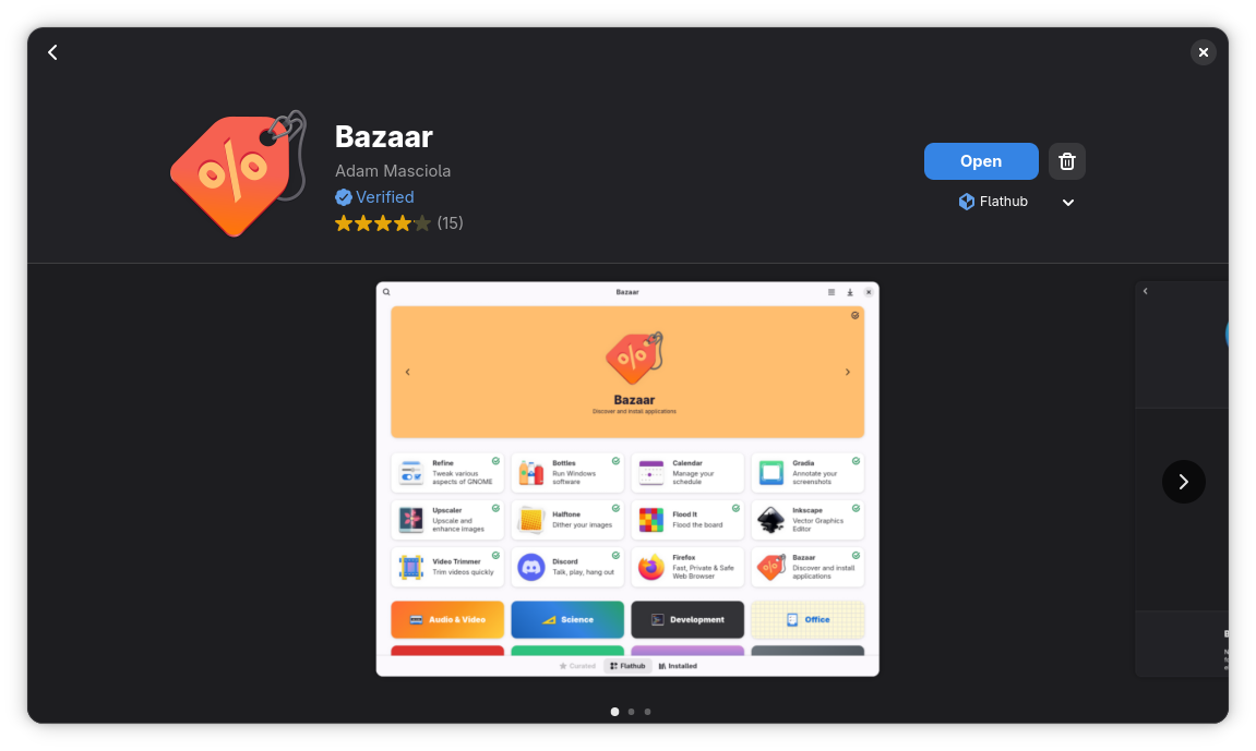 Aplicación Bazaar flatpak en el Centro de software GNOME