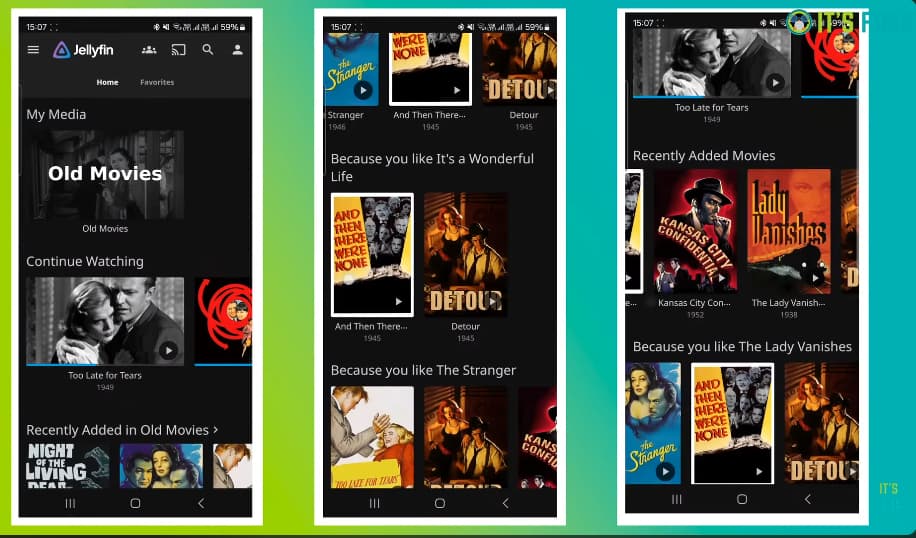 Captura de pantalla que muestra la visualización de contenido en un teléfono inteligente Android usando la aplicación Jellyfin.