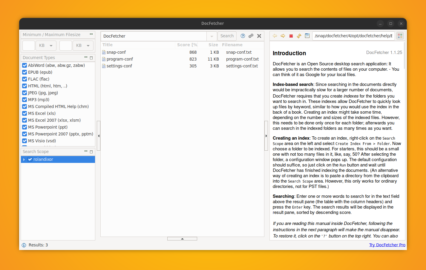 Consulta de visualización de DocFetcher