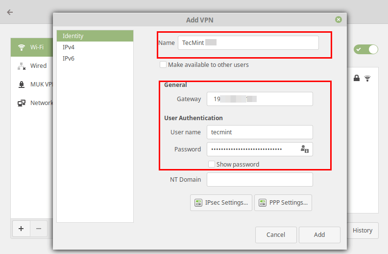 Agregar detalles de VPN