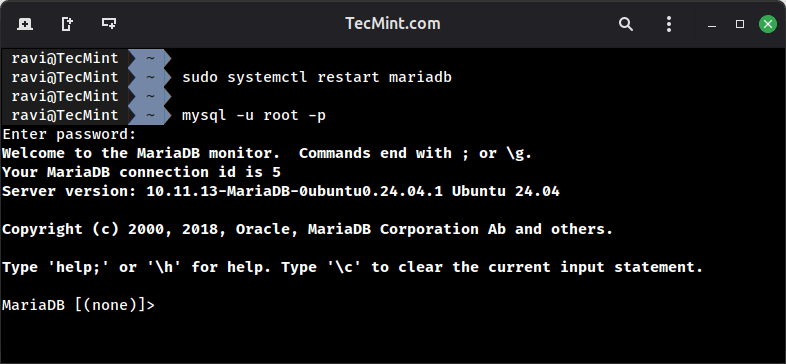 Reinicie MariaDB y acceda a la base de datos.