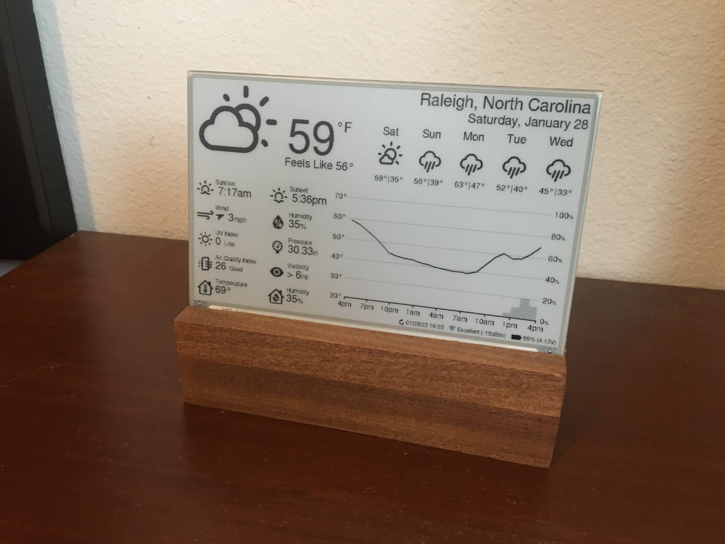 Esta es una imagen de un monitor meteorológico de papel electrónico esp32 sentado sobre una mesa de madera.