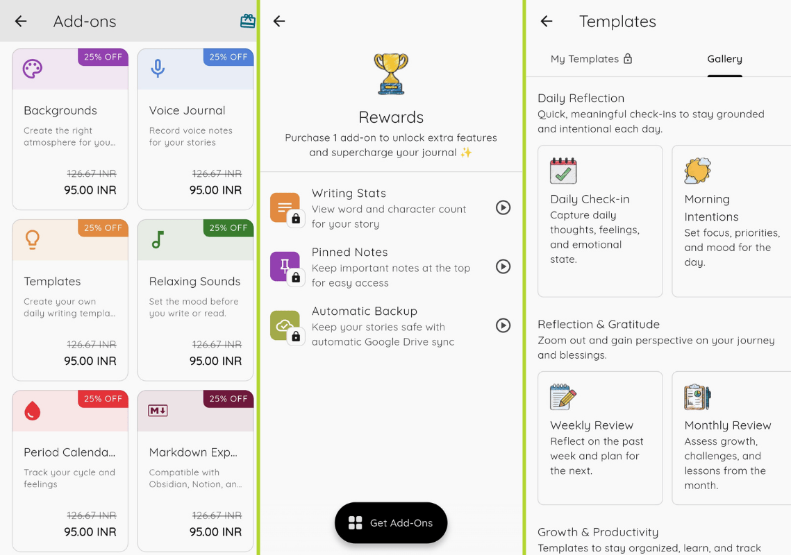 De izquierda a derecha: páginas de guiones gráficos para complementos, bonificaciones y plantillas. Muestran muchas cosas, así que utilice la herramienta OCR para comprenderlas.