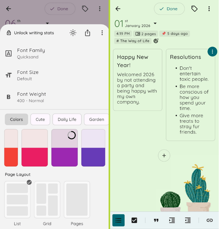 A la izquierda están las fuentes de Storypad, los temas de notas y las opciones de diseño de página, a la derecha están las entradas del diario con un diseño de página de cuadrícula aplicado y un bonito tema verde.