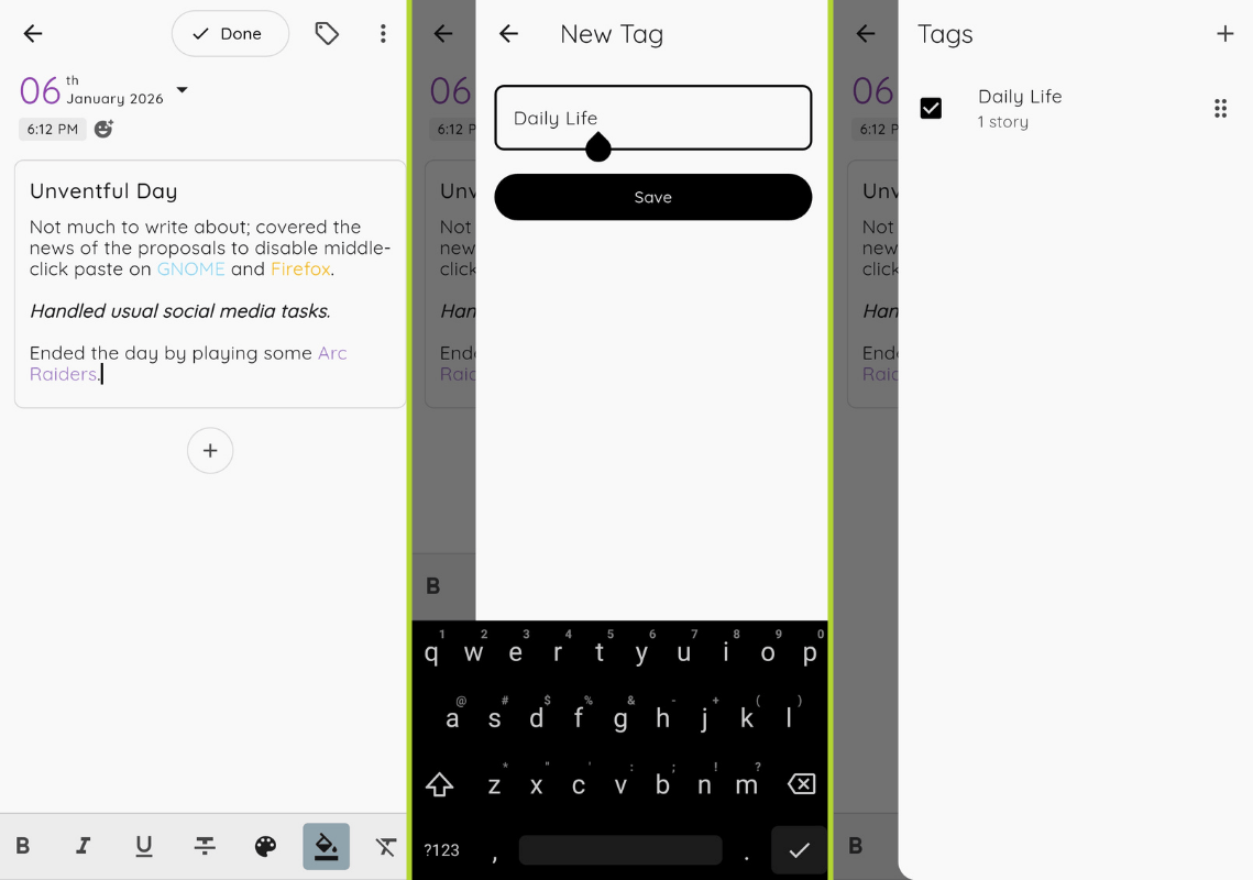 De izquierda a derecha: nueva entrada del diario (o nota) del storypad, creación de nuevas etiquetas y asignación de etiquetas