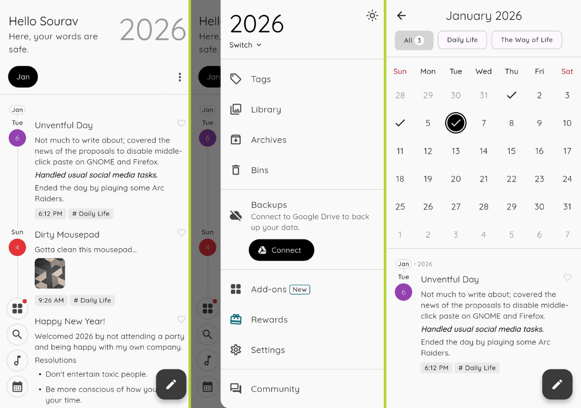De izquierda a derecha: vista de línea de tiempo del guión gráfico, menú de la barra lateral y vista de calendario