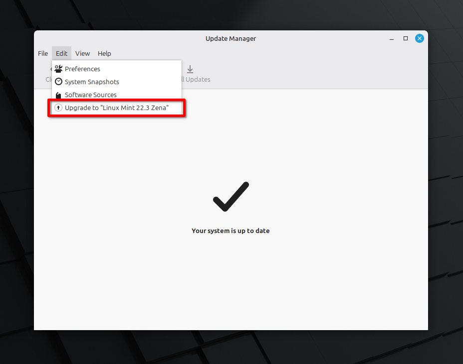 Haga clic en la opción Actualizar a Linux Mint 22.3 Zena desde el administrador de actualizaciones Haga clic en la opción Actualizar a Linux Mint 22.3 Zena desde el administrador de actualizaciones