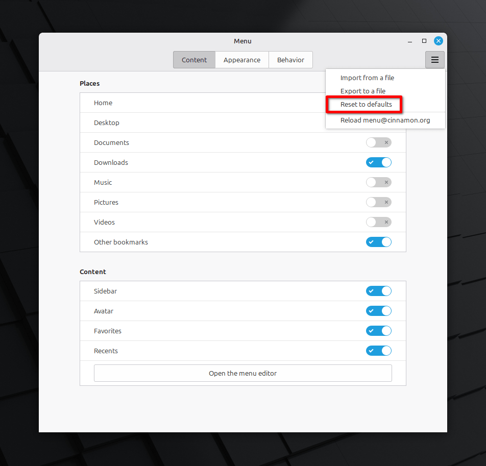 Restablecer la configuración del menú en Linux Mint 22.3 Zena Restablecer la configuración del menú en Linux Mint 22.3 Zena