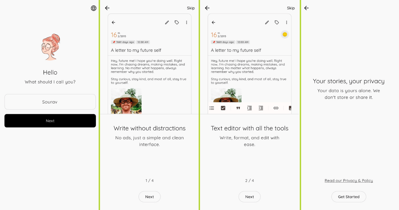 Este collage de 4 partes ilustra el flujo de incorporación de nuevos usuarios para la aplicación Storypad.