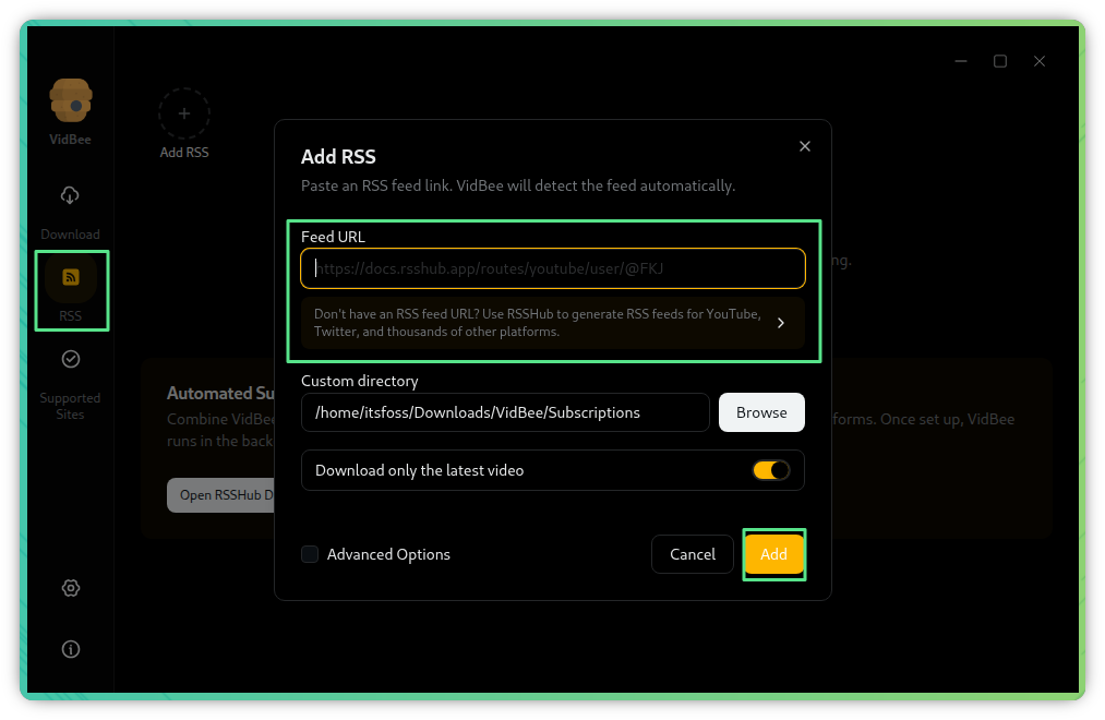 VidBee proporciona enlaces RSS