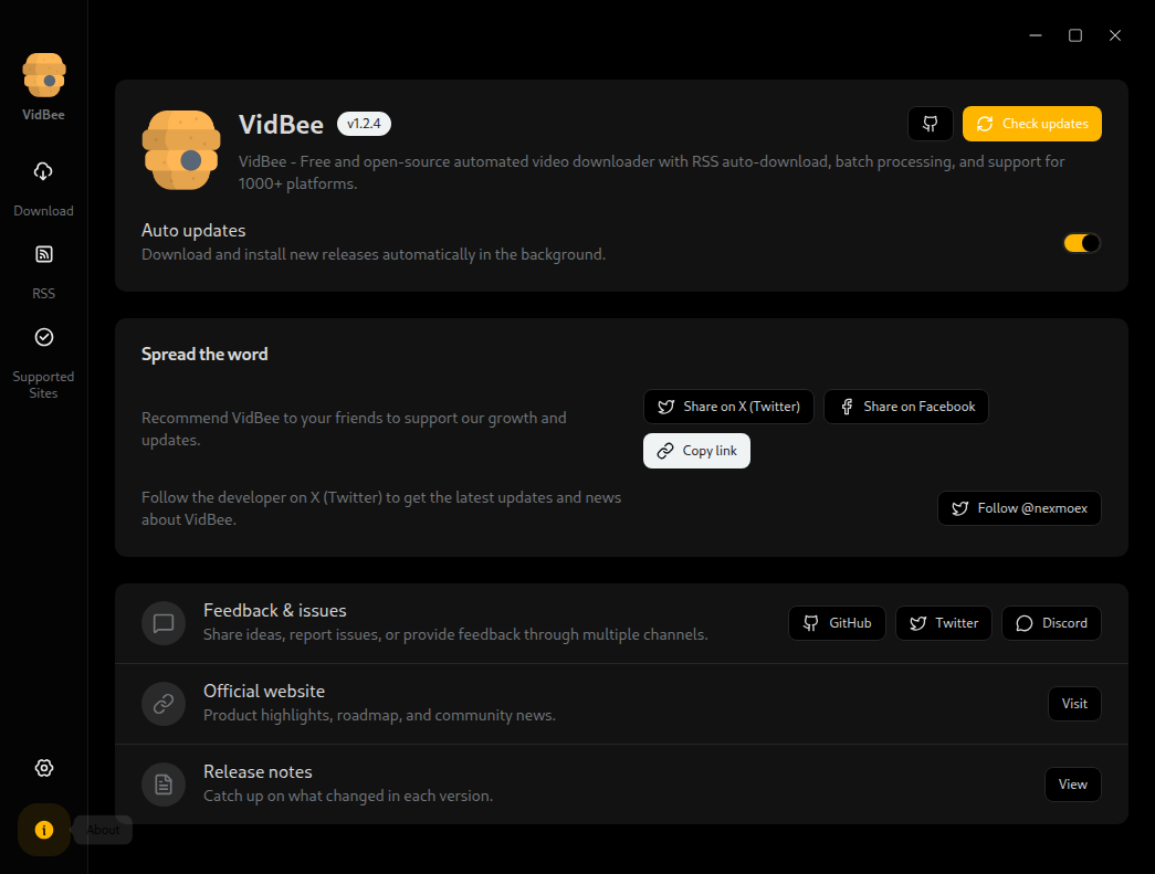 Página sobre VidBee Video Downloader.