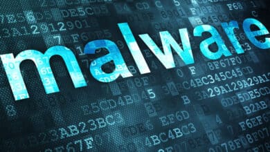 Abstract malware graphic over blue digital code highlighting evolving Linux and open-source malware threats