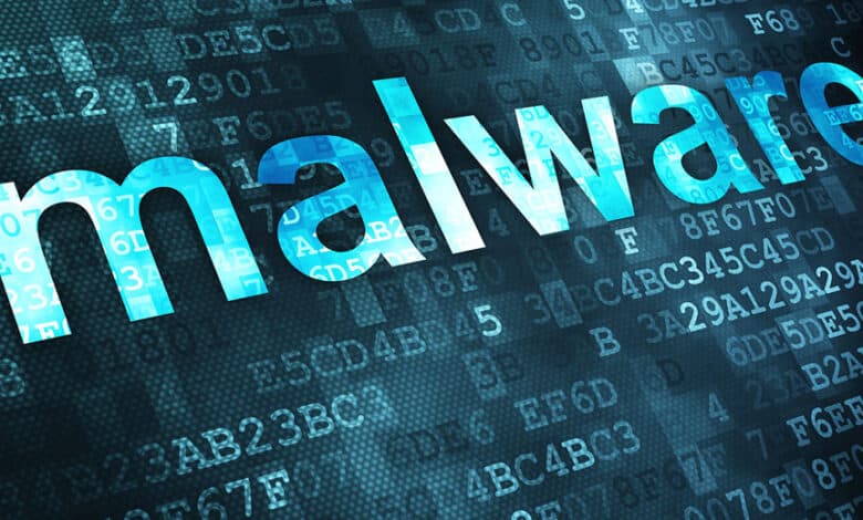 Abstract malware graphic over blue digital code highlighting evolving Linux and open-source malware threats