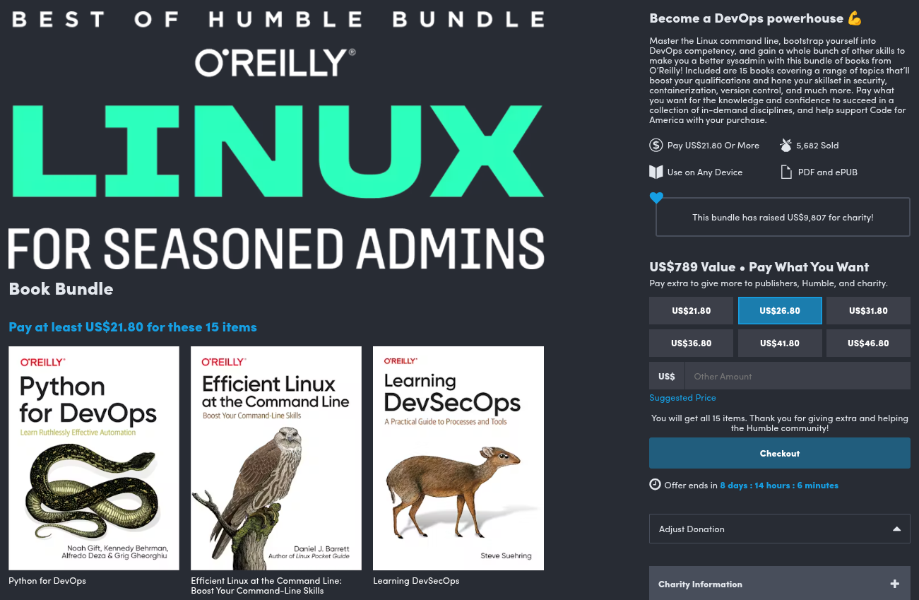Captura de pantalla recortada del paquete de administrador experimentado de o'reilly Linux del sitio web del paquete humilde, que muestra aquí la mayor parte del texto y los tres libros del paquete.