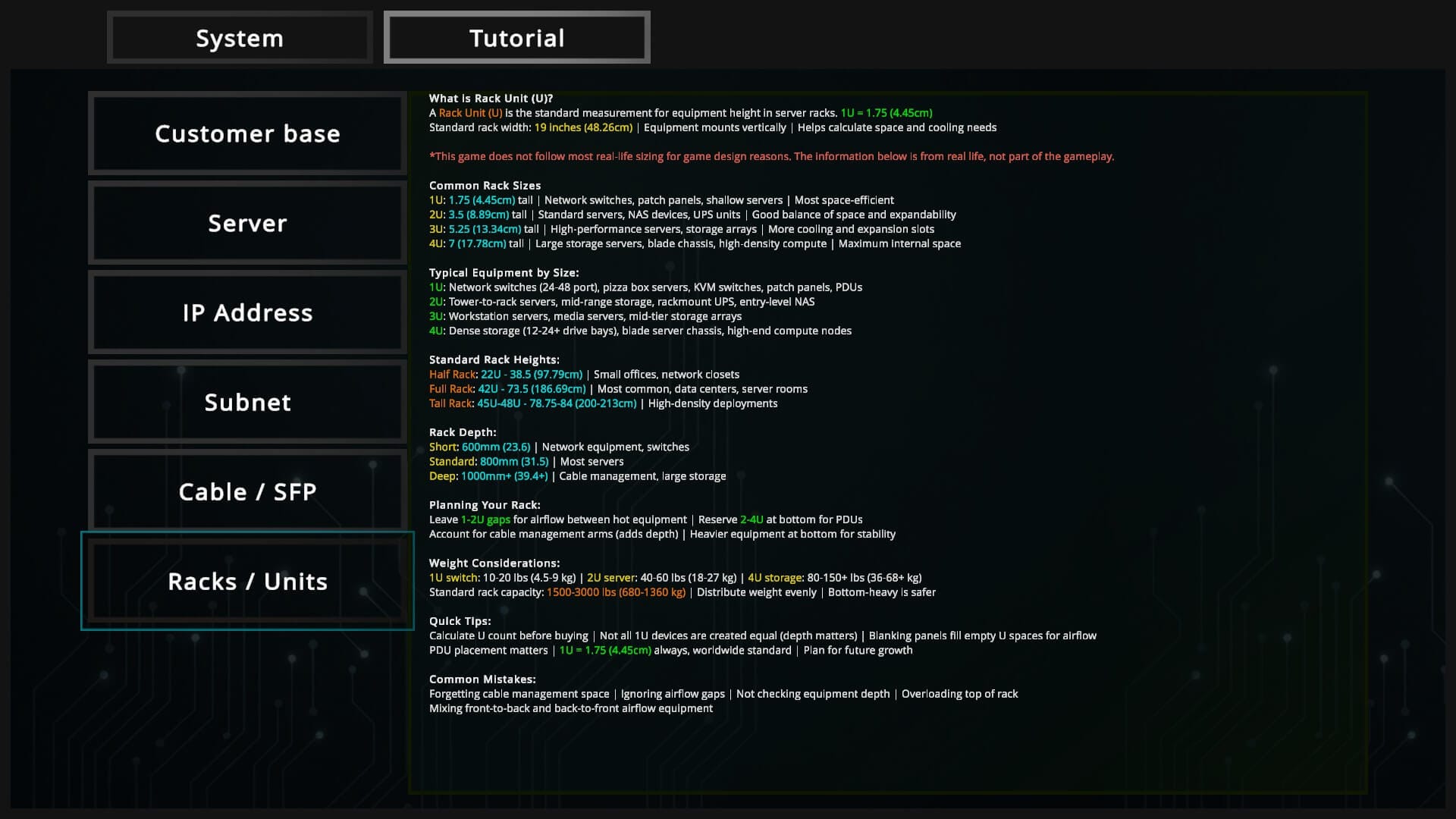 Esta captura de pantalla muestra el menú tutorial del juego Data Center, con mucho texto que explica los bastidores/unidades en la pantalla.