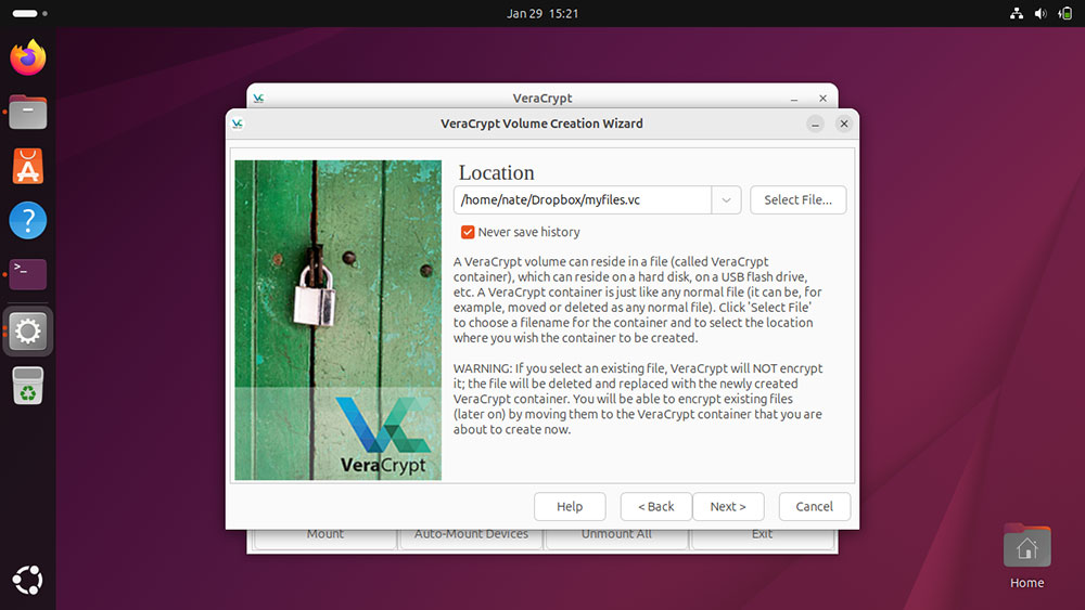 Selección de ubicación del volumen VeraCrypt que muestra la carpeta de Dropbox y los nombres de los archivos del contenedor