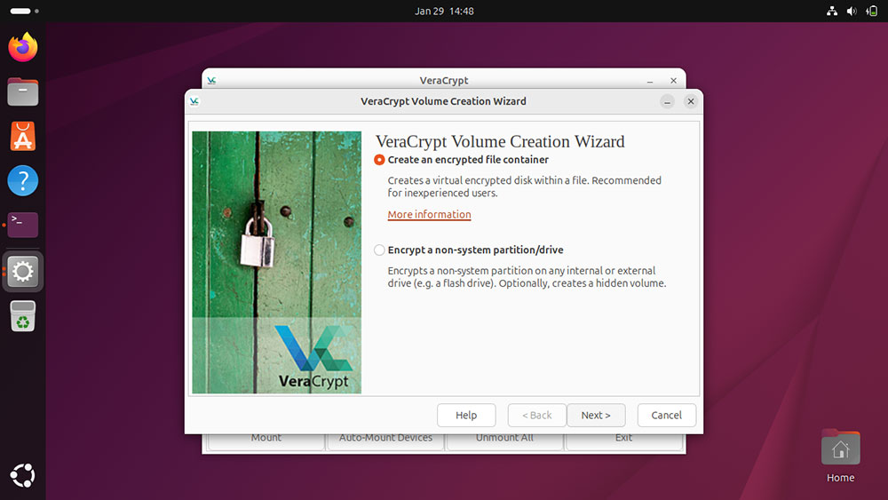 Asistente de creación de volúmenes VeraCrypt, contenedor de archivos cifrados seleccionado