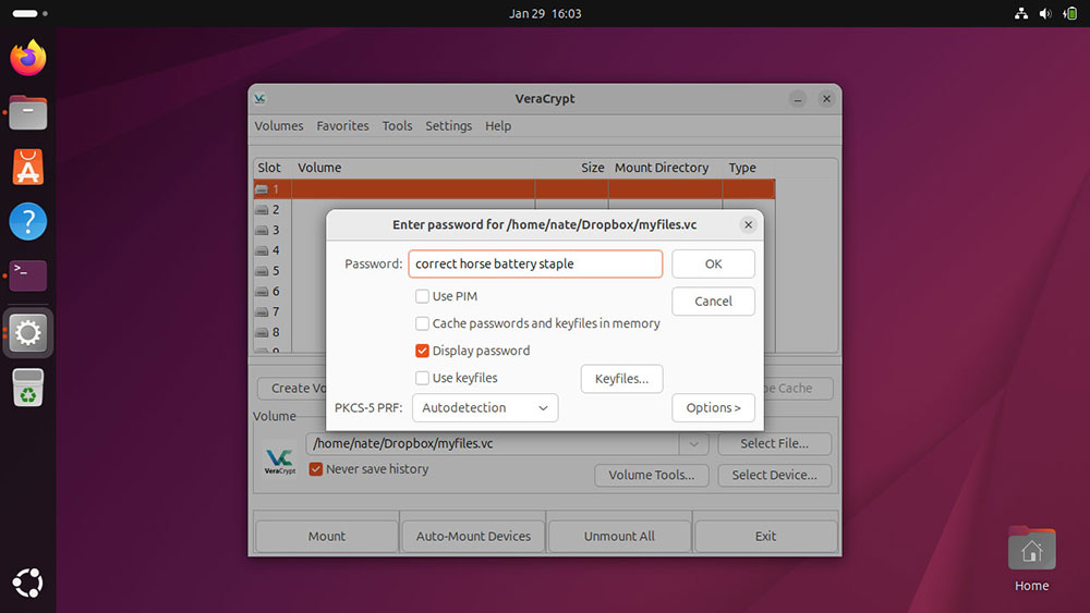 Cuadro de diálogo de contraseña de instalación de VeraCrypt para archivos contenedores cifrados