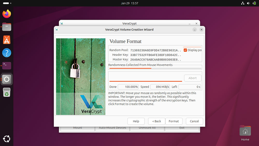 La pantalla formateada por volumen de VeraCrypt recopila la entropía del movimiento del mouse