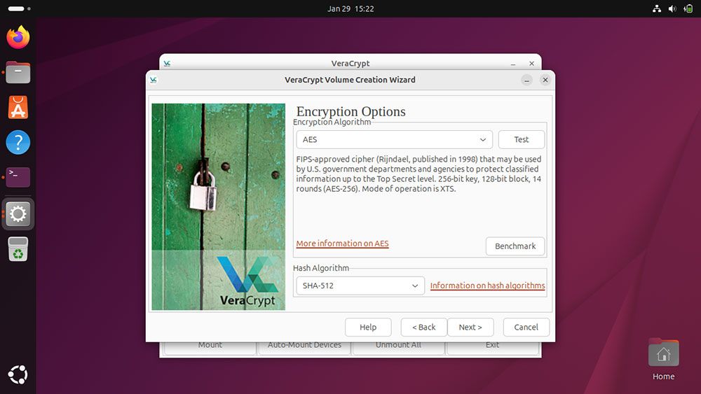 Pantalla de opciones de cifrado VeraCrypt, AES y SHA-512 seleccionados