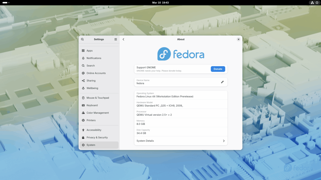 Verifique la versión Fedora Linux 44 desde la configuración del sistema Verifique la versión Fedora Linux 44 desde la configuración del sistema