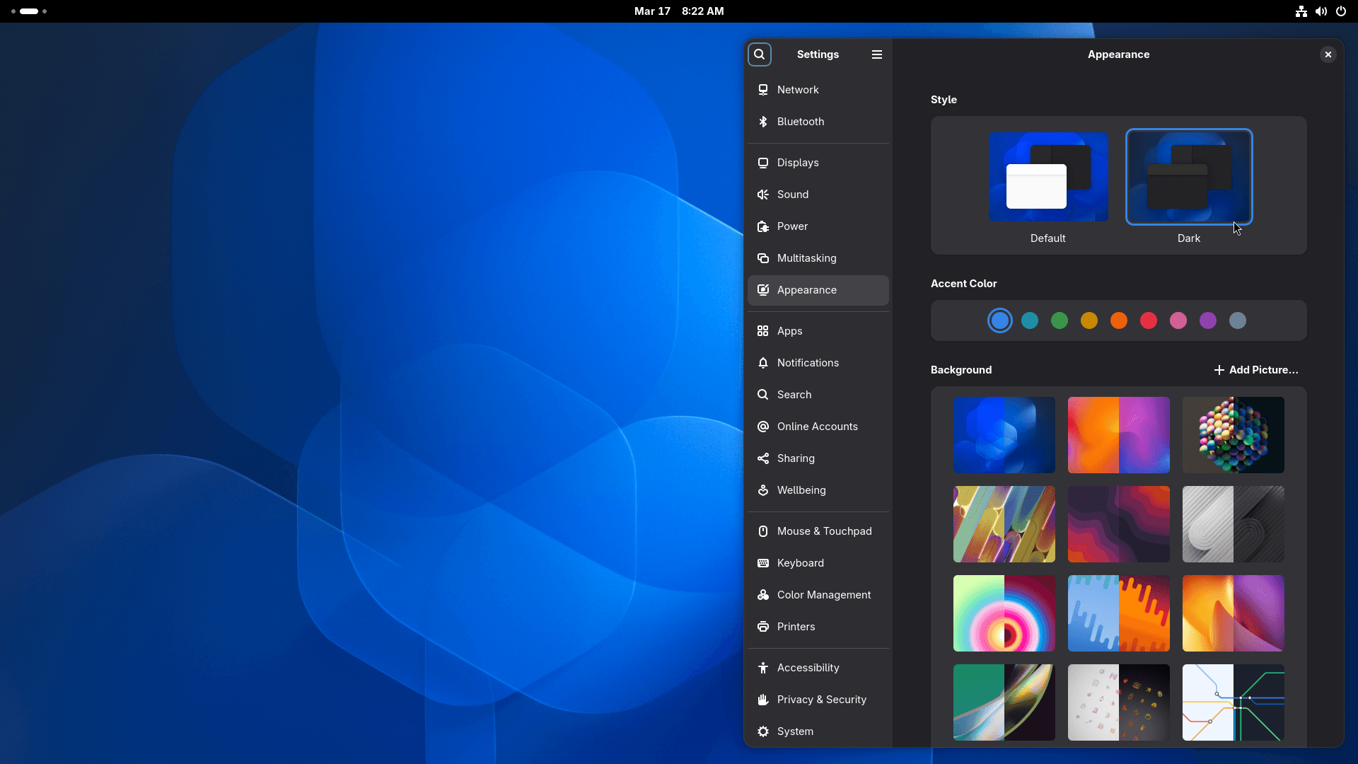 El modo oscuro y los nuevos fondos de pantalla para gnome 50 se muestran claramente aquí