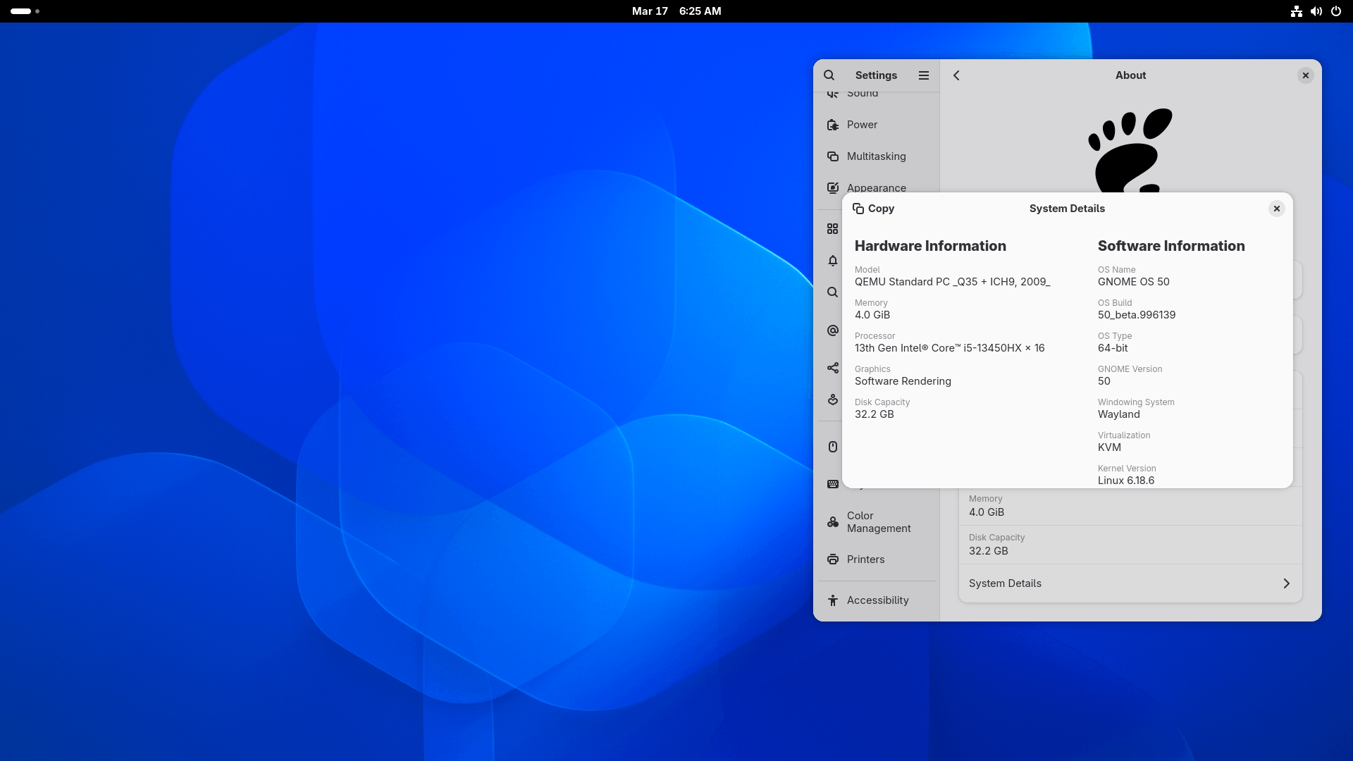 Sobre un fondo azul brillante, puede ver el cuadro de diálogo de detalles del sistema en gnome 50 a la derecha, que muestra información clave de hardware y software.